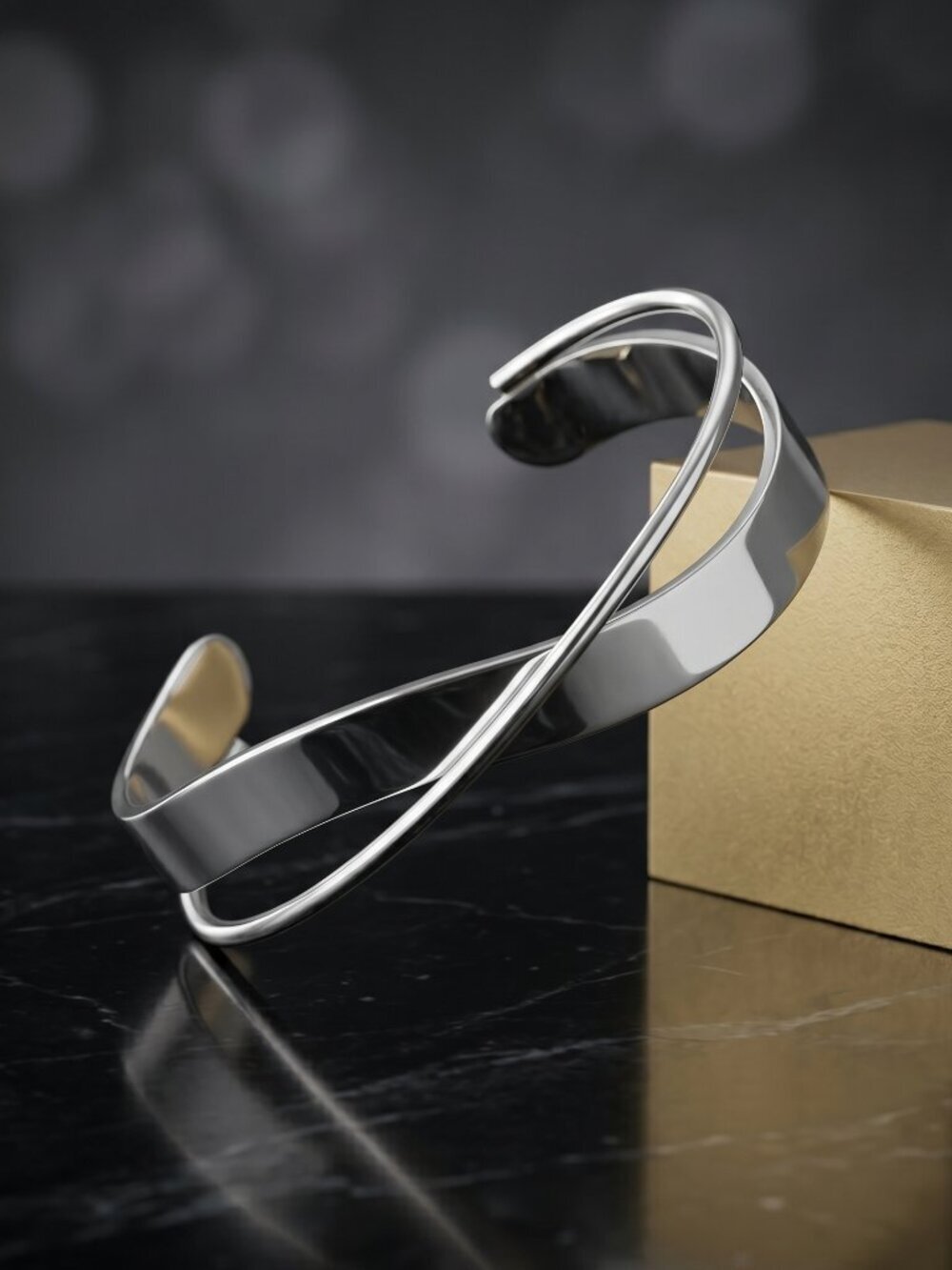 18K White Gold Plated Stainless Steel Crossover Open Cuff Minimalist Silver 2.3"